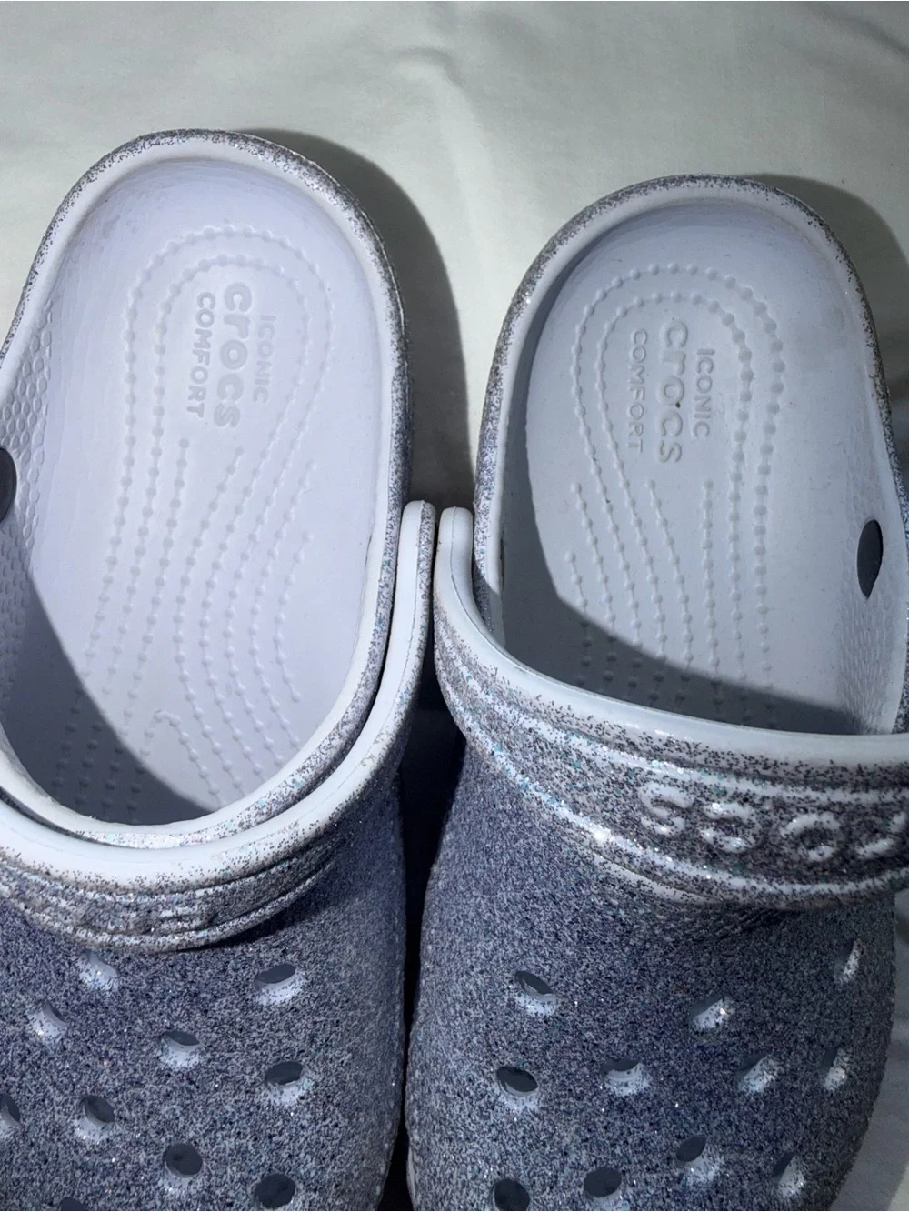 CROCS Kids Glitter Clog Sandals - White/Silver Glitter